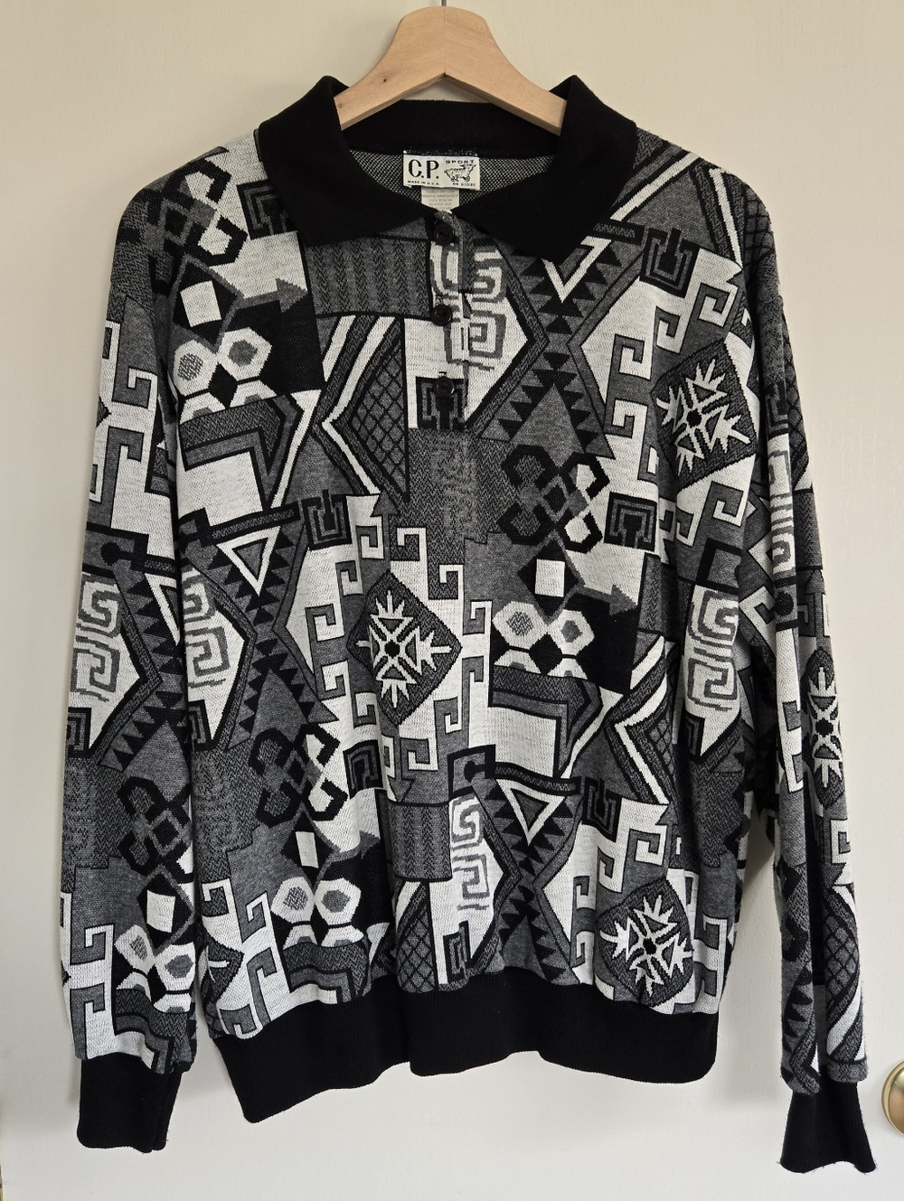 C.P. Sport Black & Gray Geometric Knit Polo Sweater Men's L USA Made